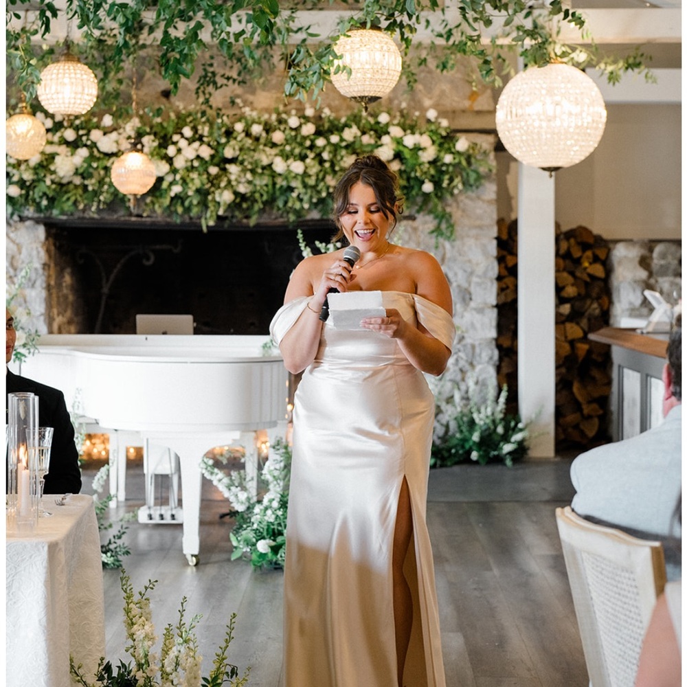 Birdy Grey Off-Shoulder Satin Dress in Cream